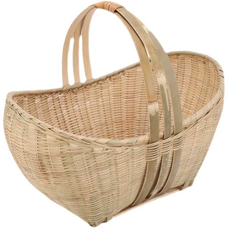 竹编带手提竹篮竹青大元宝篮水果采摘竹筐采茶篮子大号广西手工编