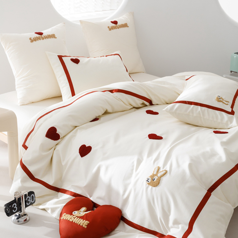 小清新公主风0支匹马棉贡缎刺绣四件全棉亲肤丝滑床单床上用