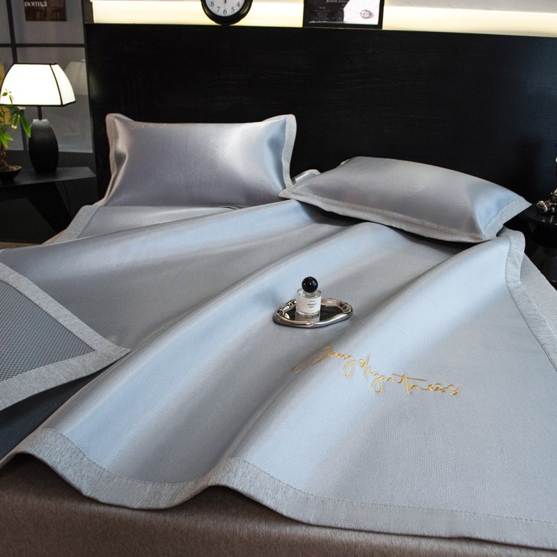 夏季凉感可水洗冰藤席三件字母刺绣折叠式床席床笠款空调软席子