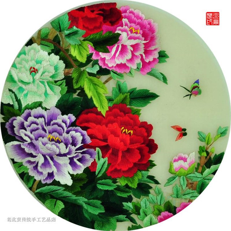 20厘米手工绣品老绣片纯手工刺绣苏绣装饰画20圆面绣蝶恋花鸟图