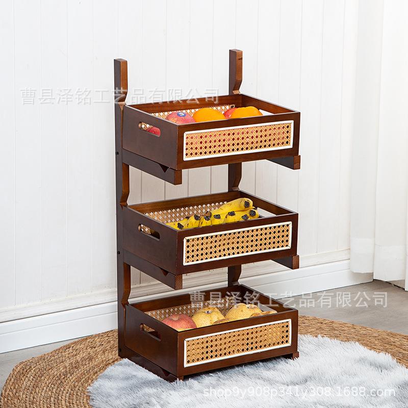 中古风果蔬多层架编藤置物收纳篮厨房蔬菜架展示木质置物架客厅杂