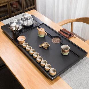 包邮整块玻璃底部乌自金石茶盘全动一体茶具套功装家用夫电炉天磁