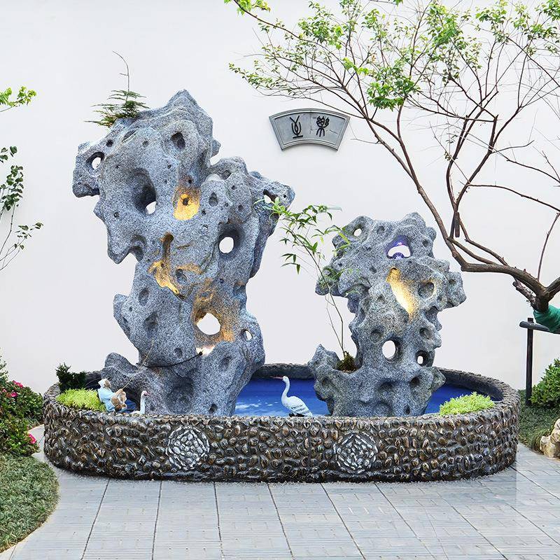 湖太流石中式庭院假山水摆件鱼池阳台花园造景装景饰入户外布NEB