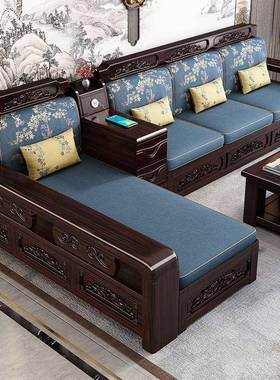 新式紫金檀实木发沙组合小户型家用客厅冬夏两用雕中储KVC物花茶