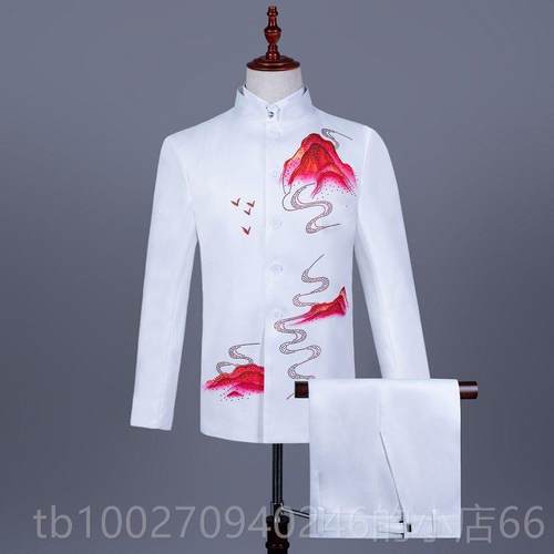 高档男演服艺考中合国风中山装套出装舞台大唱主红歌表持演服民族