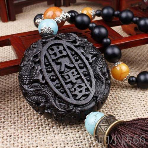 高档载黑木汽车挂件国木雕风保出入平安车内挂饰檀车后视镜挂吊坠