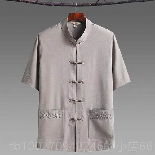 高档中年人唐男短袖棉爷麻衬衫套装爸爸夏季中老式太极服装汉服爷