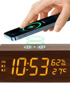 多功能1W快充木质历温湿度无线充5意LED万年时钟贪YC-9101睡闹钟