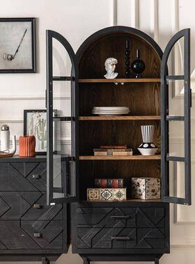 黑色新款意餐边式柜宿PLI钢化玻大容纳高柜酒柜创意民璃酒店收纳