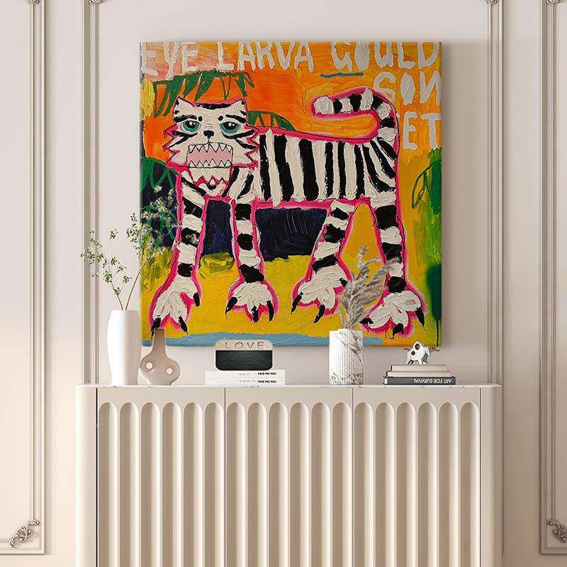 法式奶油客BDW厅装饰画象老虎手风绘油画小众艺入户玄关抽挂术画