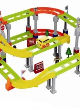 儿童电玩具双层拼装交市通轨道滑行汽车70800城动大楼关闯停车场