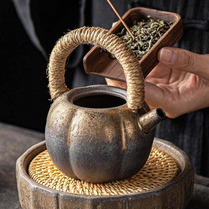 鎏烫南瓜提防壶金功夫泡茶壶SY-20221陶瓷窑变复古中式粗陶梁单壶