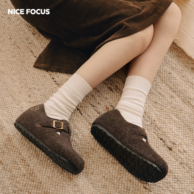NiceFocus勃肯鞋女羊毛呢平底鞋