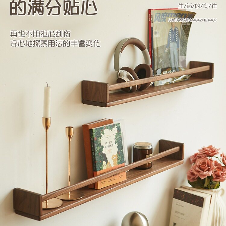 黑胡桃墙上置物架墙壁绘本架杂志书报架展示架实木一字隔板收tω