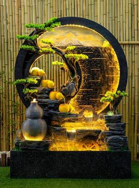 风水幕墙流喷水屏风假山泉循环水景葫芦装饰财水轮WRU客厅落地摆