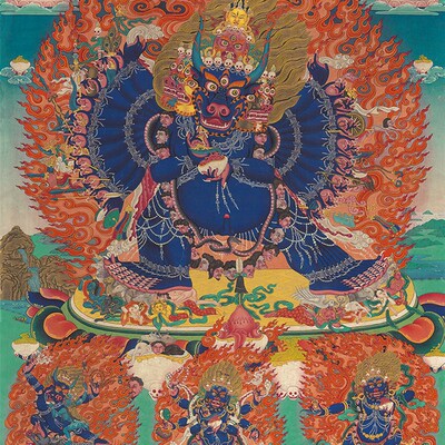 大威德金刚唐卡画像挂画客厅西藏手工装裱室内玄关装饰护法装饰画