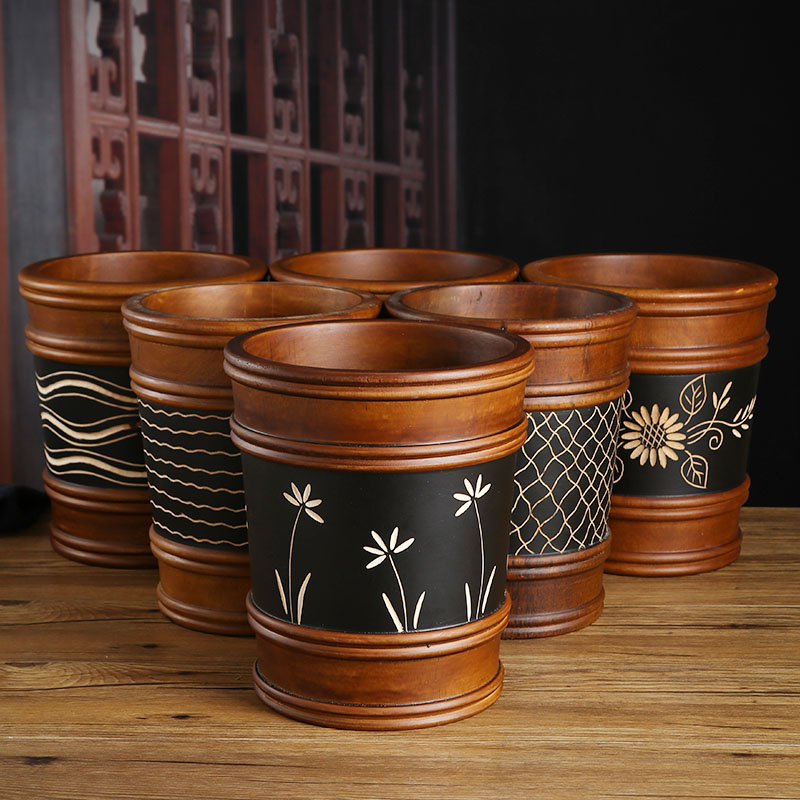 垃圾桶客厅现代简约家用客厅垃圾篓泰国实木雕刻复古无盖垃圾桶