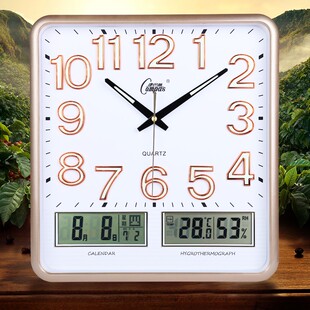 康巴丝挂钟家用静音日历时钟客厅挂表时尚 方形液显创意大号石英钟