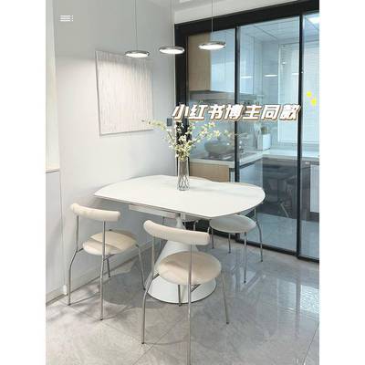 奶油风纯白色哑光岩板Y78折餐桌转伸叠华缩尔兹餐旋桌方变圆两用
