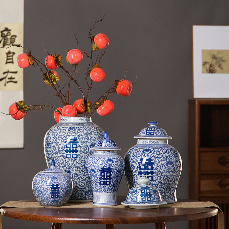 青花储物罐摆件家居客厅青花瓷花瓶装饰品插花瓷器中式陶瓷摆件