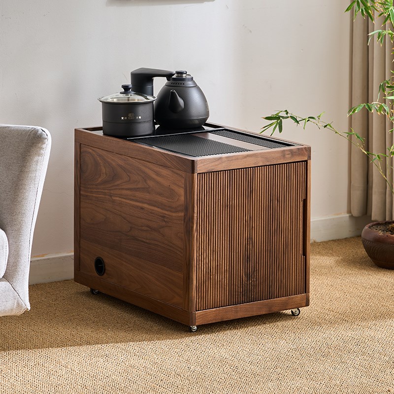 北美黑胡桃小茶几沙发边几带轮可移动茶水柜中古推车客厅实木边柜