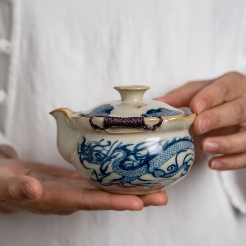 汝窑手抓壶单人茶壶泡茶盖碗家用陶瓷青花龙纹宝瓶茶具套装专用壶