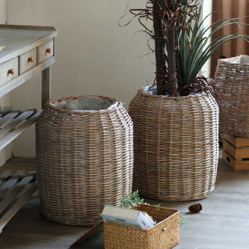 田园落地柳编花篮绿植种植盆栽手工编制花器加大防水衬花篓柳条筐