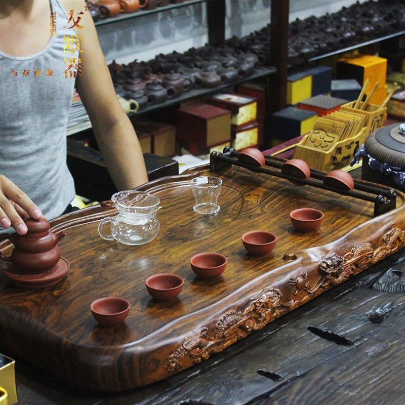 花梨黑檀木整块实木茶盘家用功夫茶具套装排水茶台茶海长方形简约