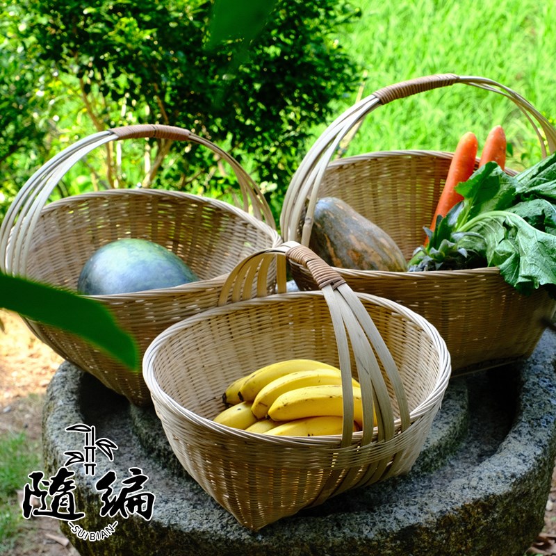手工竹编带手提竹篮竹青菜篮水果篮采摘菜采茶农家篮子收纳篮子