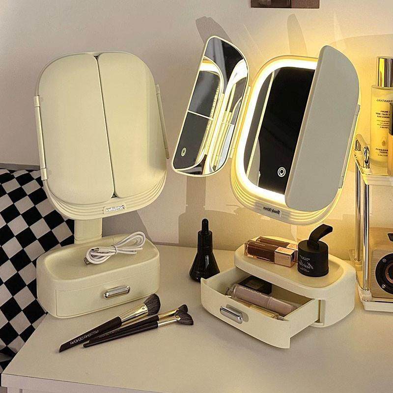三折带灯补光镜家用奶油风梳妆台led化妆镜收纳盒一体宿舍桌面镜,家庭/个人清洁工具,LED化妆镜,淘宝优惠券,粉丝福利购,淘宝优惠卷