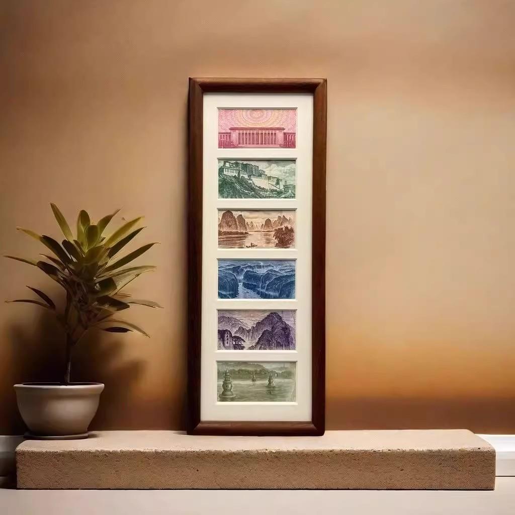【下单立减50】增运多金画 画框摆台六连框钱币字画 画胡桃色木质