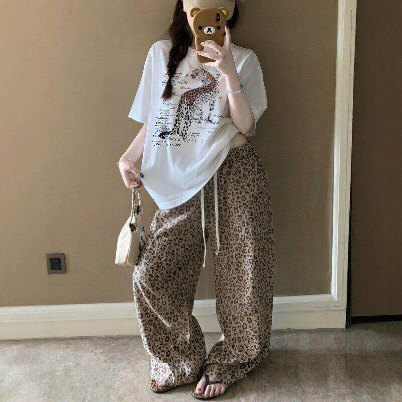 豹纹裤子女夏薄款遛弯裤高腰宽松休闲裤垂坠感直筒裤家居睡裤外穿
