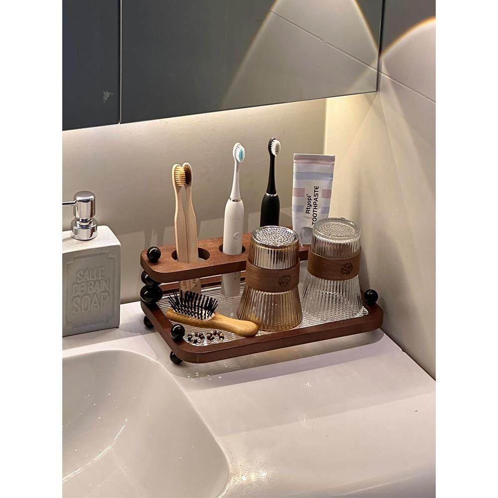 覆古实木牙刷置物架漱口杯牙膏架电动牙刷架高级感收纳架浴室好物