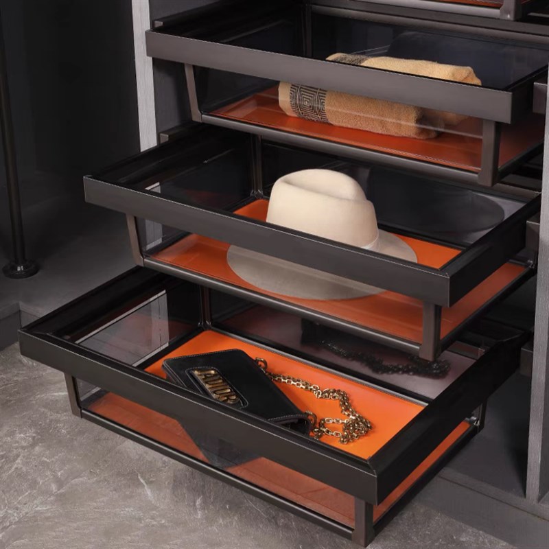 衣柜拉篮抽屉式伸缩滑轨抽拉篮衣帽间裤架内置收纳储物金属玻璃篮