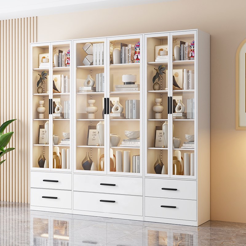 钢制书柜带玻璃门家用储物柜一体客厅防尘置物儿童铁艺书架展示柜