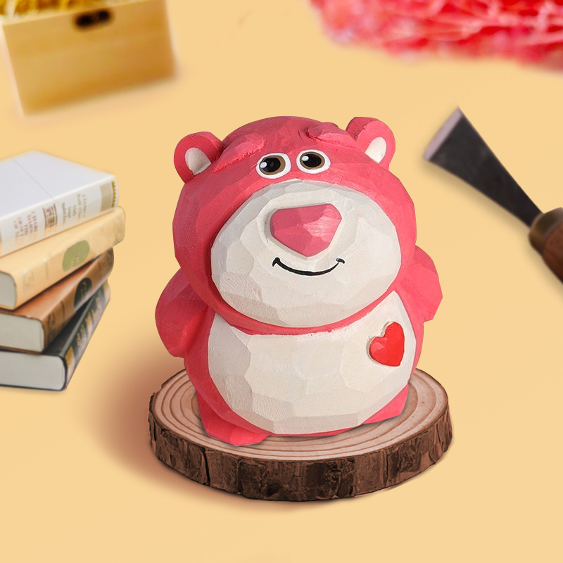 神工巧匠丨可爱粉色草莓熊木雕 桌面摆件手工雕刻 女生创意小礼品