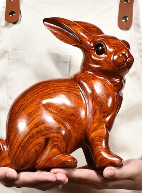 花梨木雕兔子摆件实木头根雕刻十二生肖可爱兔动物家居装饰工艺品