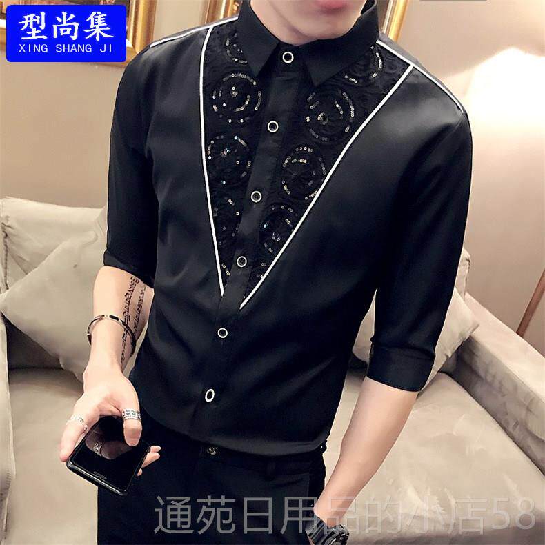 正品士个性蕾丝七分中袖衬衫夏天发型师夜场爷工作服韩男版帅气少