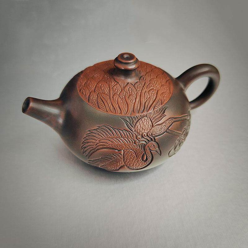 钦州无尘仿生泡坭兴陶茶壶名工家纯手浮雕刻孔雀龙用凤无尘壶家小