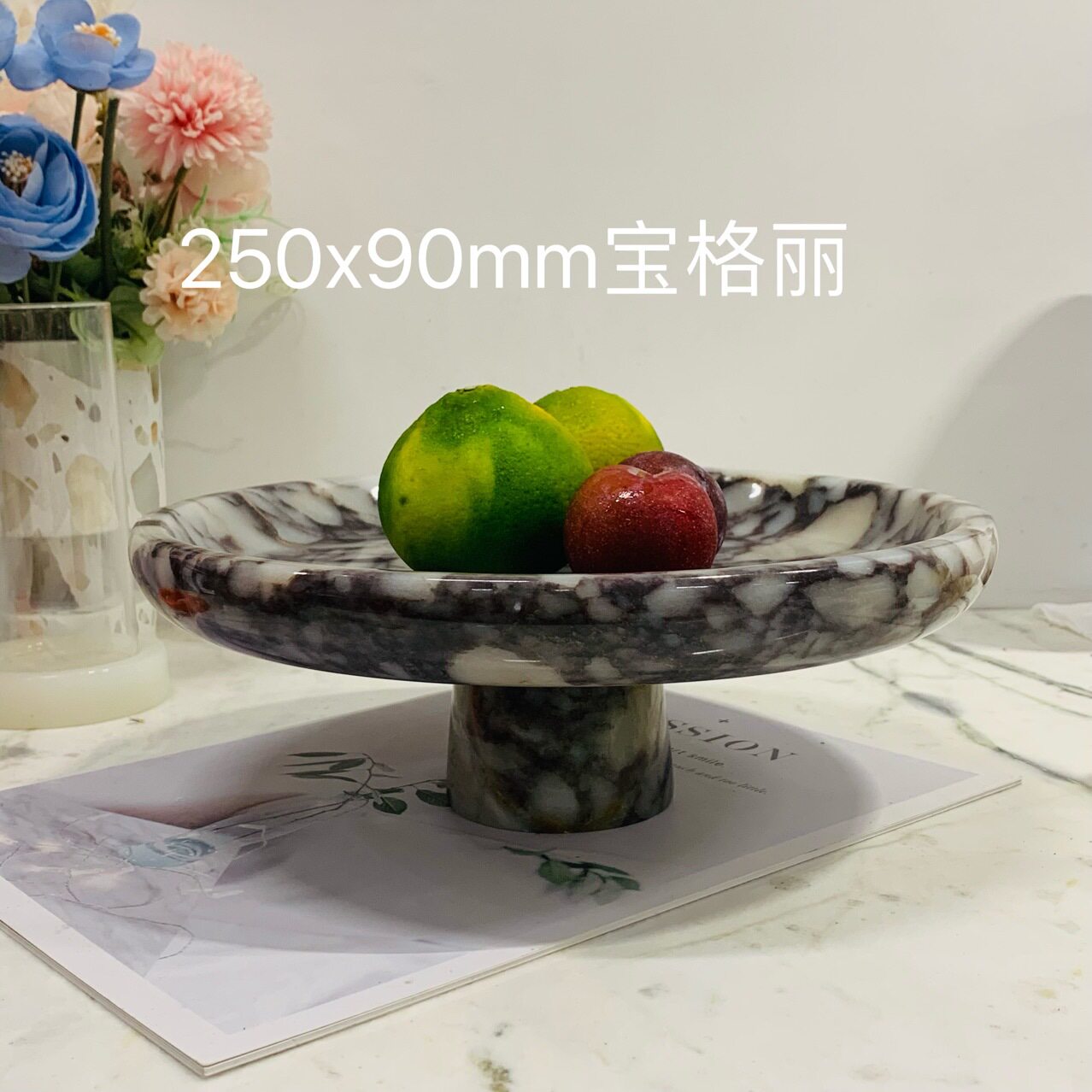 跨境欧式风天然大理石洞石水果点心盘装饰盘茶几样板间售楼处摆件
