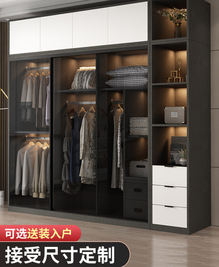 推拉玻璃门大衣柜感家用卧室实木小户型现代轻奢透明衣橱工厂直销