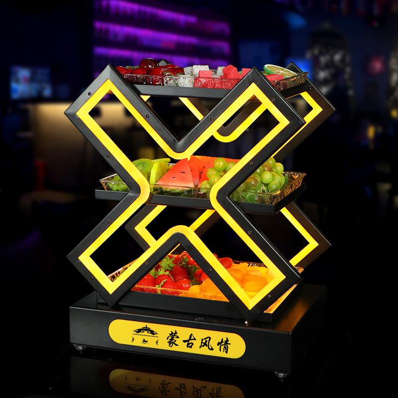 酒吧碟发光X果华盘KTV三层wz-007交叉分格水果盘子小果吃盘金属豪