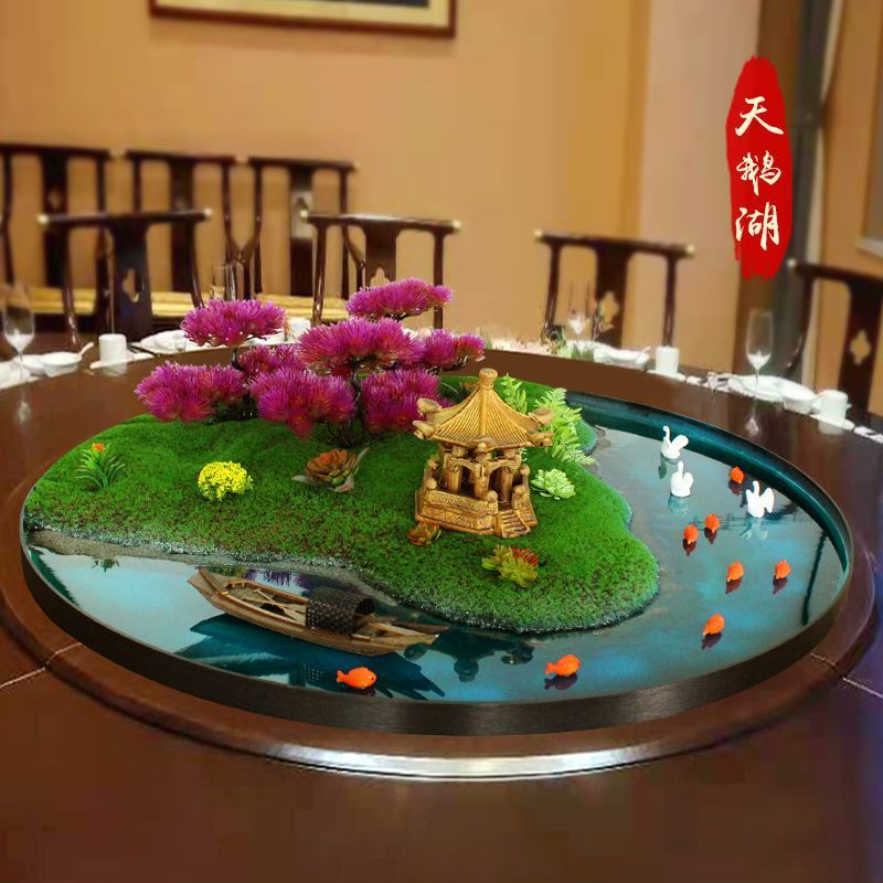 新中式酒店大圆桌转盘餐桌花摆件