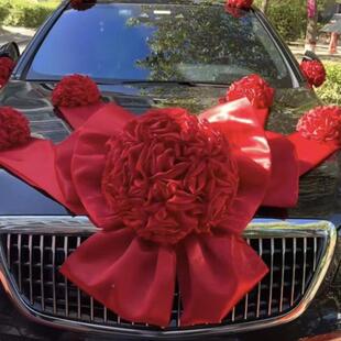 红豪华结结婚主婚车蝴蝶型红绣球结婚头车布置造大花NYG球红绸布