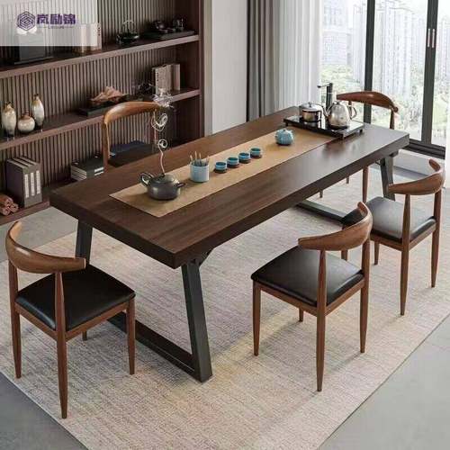 实木色茶桌椅组合一桌五椅喝桌新中ZNW式桌商谈办公板泡茶茶茶大
