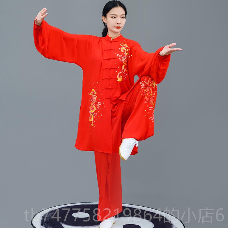 正品马蕾太极中长款红色女春夏服武术太服表演比赛服刺绣凤式舞祥