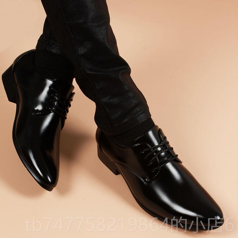 正品春季男士商务皮正装皮鞋英韩版潮c流尖头系带真内增高6m男伦