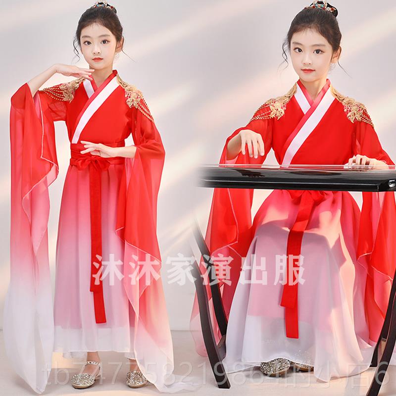 正品女童红色古筝儿演出服中弹国风童古筝演出童服中大艺考民乐演图片