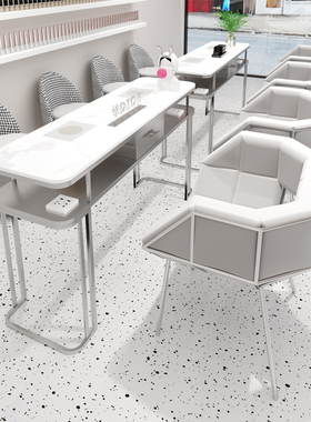 中闽芸尚银色带吸尘器插座美甲桌椅套装单双三人岩板烤漆美甲桌椅