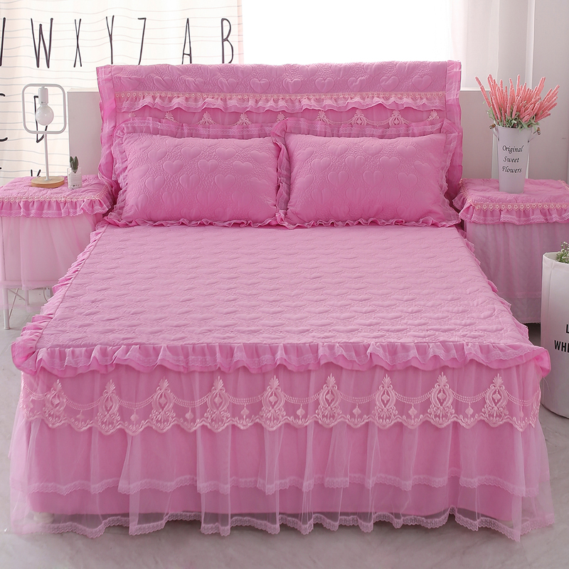 夹棉床裙加厚床罩床盖 韩版蕾丝公主床套防滑床罩床裙床头保护罩